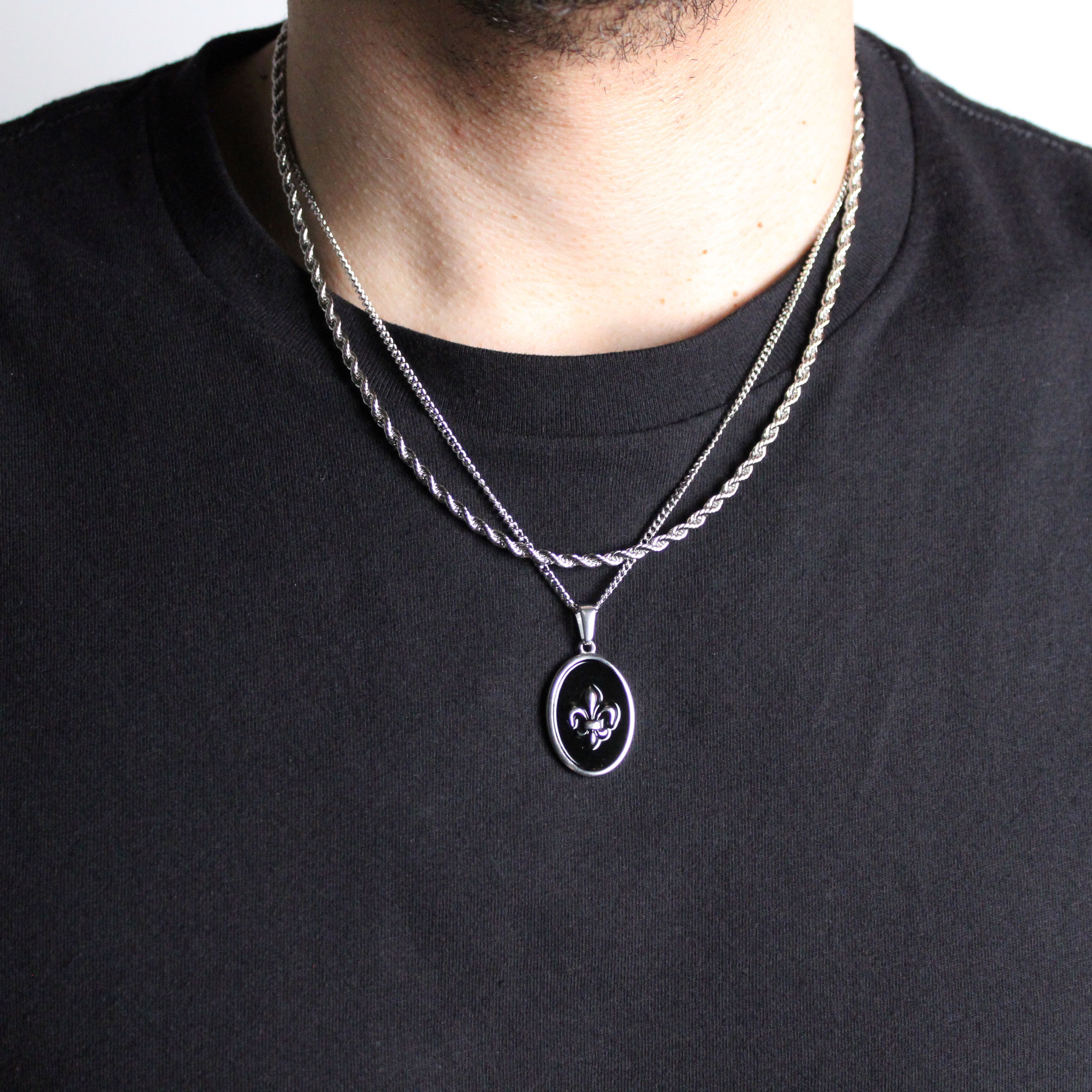 Jewelry Silver Fleur De Lis Pendant Necklace & 3mm Rope Chain Set Size ONE SIZE - 1 Thumbnail
