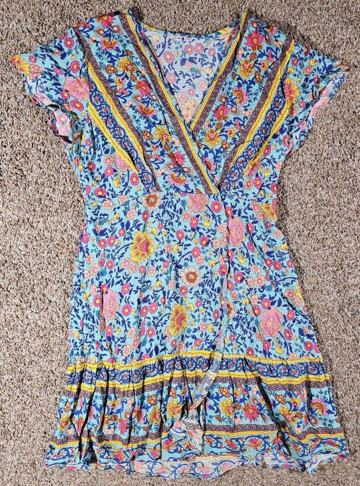 Designer Unbranded COLORFUL FLORAL Deep V Dress Large SEE MEASUREMENT Size L / US 10 / IT 46 - 1 Thumbnail