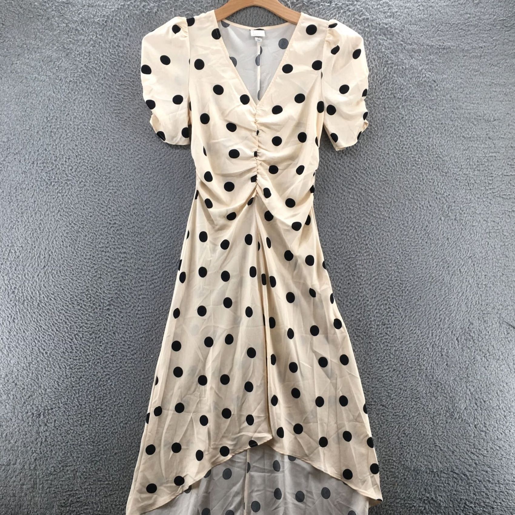 Vintage A New Day Midi A-Line Dress Womens S Beige Polka Dot Ruched Puff Sleeve V-Neck Dress Size S / US 4 / IT 40 - 2 Thumbnail