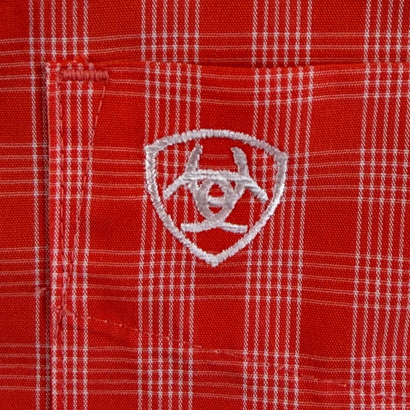 Ariat ARIAT Wrinkle-Free Winston Fitted Shirt Men Medium Flame Coral Plaid Flip Cuffs Size US M / EU 48-50 / 2 - 3 Thumbnail