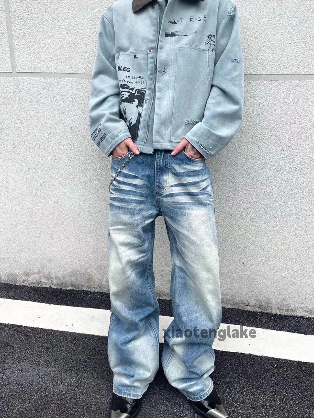 Jean Unisex washed faded loose baggy skate hiphop jeans Size US 32 / EU 48 - 5 Thumbnail