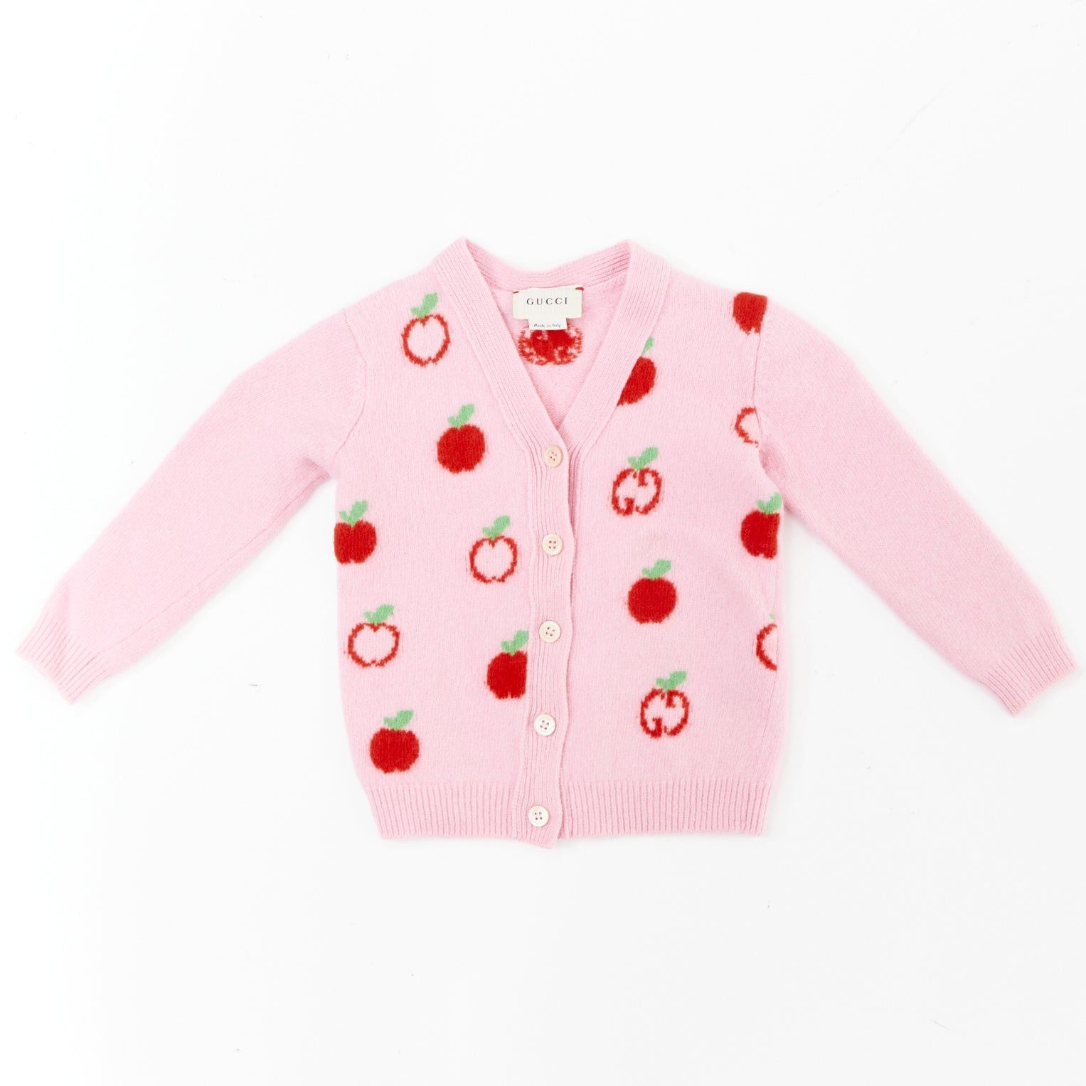 Gucci GUCCI KIDS pink red 100% wool apple GG intarsia knit cardigan sweater 18/24M Size ONE SIZE - 1 Thumbnail