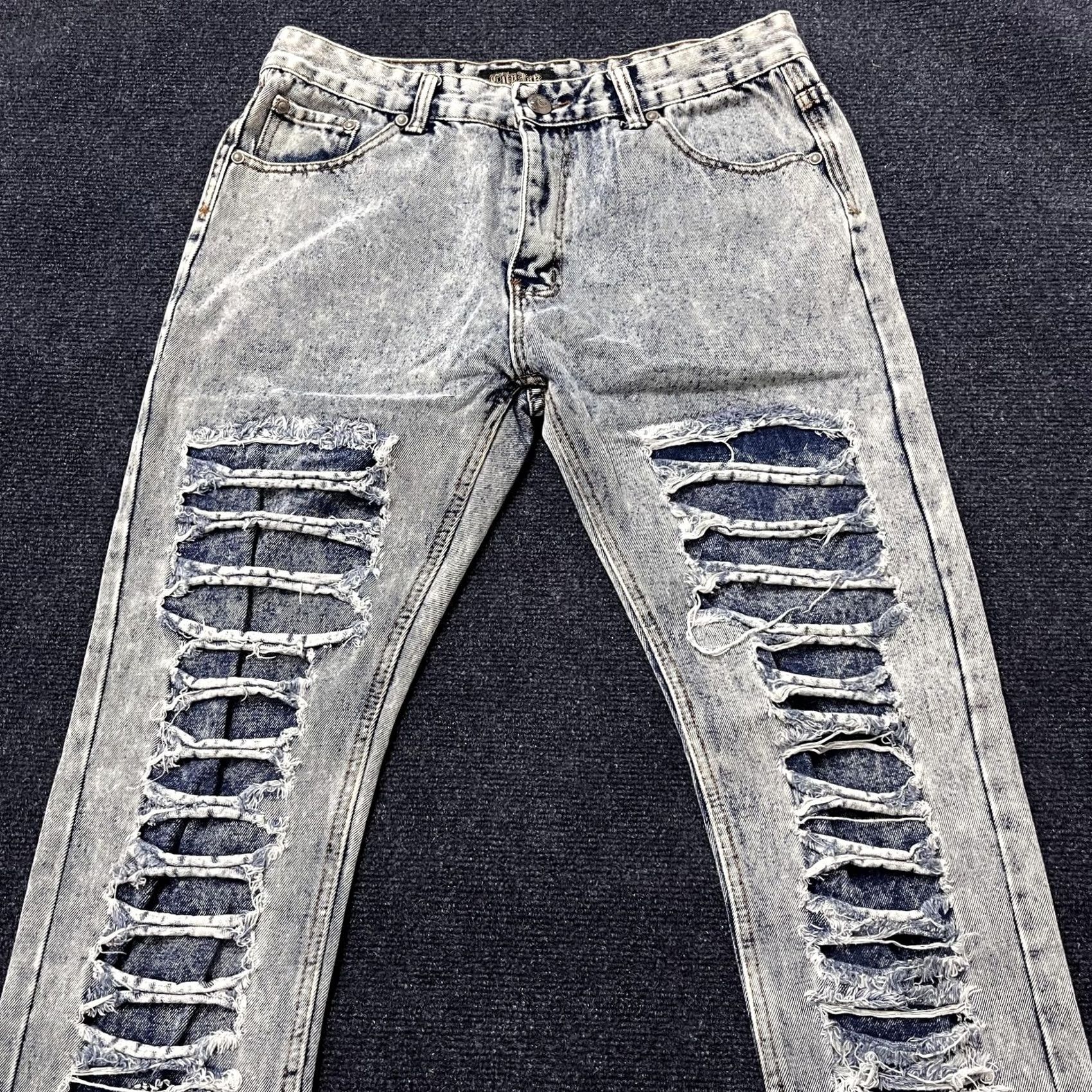 Vintage Y2K City Ink Jeans Mens 30 Light Wash Blue Distressed Ripped Ladder Cutout Slim Size US 30 / EU 46 - 2 Thumbnail