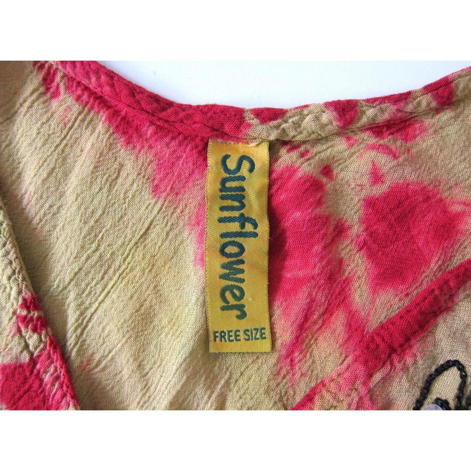 Sunflower VINTAGE Sunflower Tank Dress OS 100% Crinkle Rayon Yellow Pink Embroidered Tie Dye Hippy Dress Womens Size ONE SIZE - 4 Thumbnail