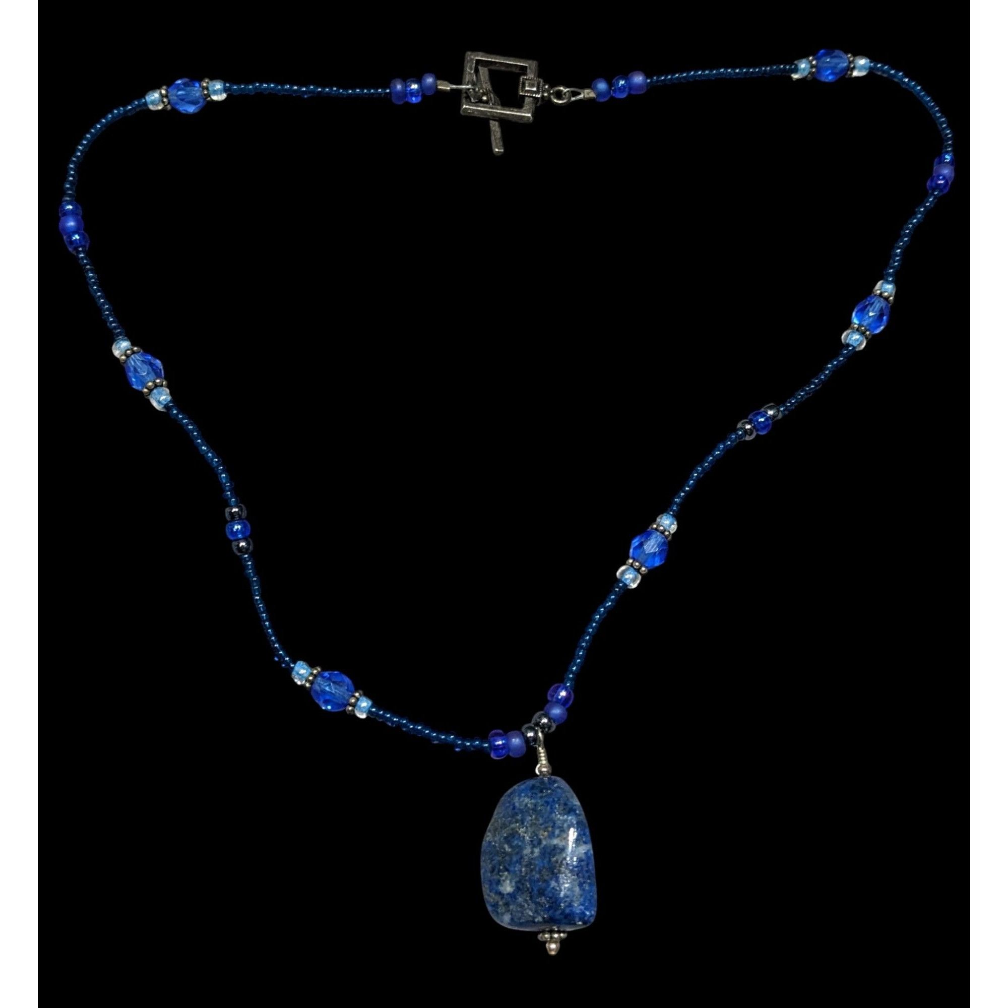 Handmade Blue Beaded Necklace With Lapis Lazuli Stone Pendant & Toggl Size ONE SIZE - 1 Thumbnail