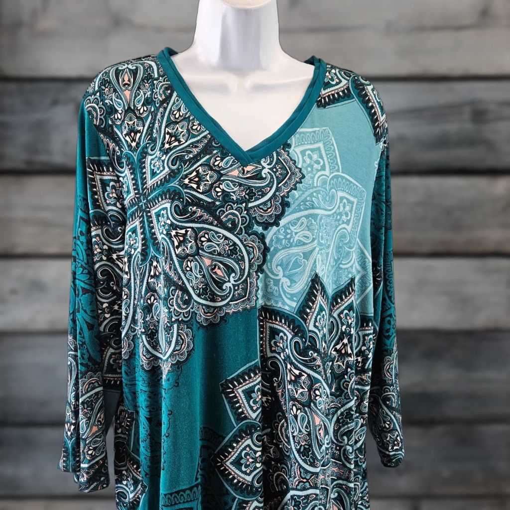 Vintage Chico's Womens Top XL Teal Pink 3/4 Sleeve V-Neck Blouse Shirt Ladies Womens Size XL / US 12-14 / IT 48-50 - 1 Thumbnail