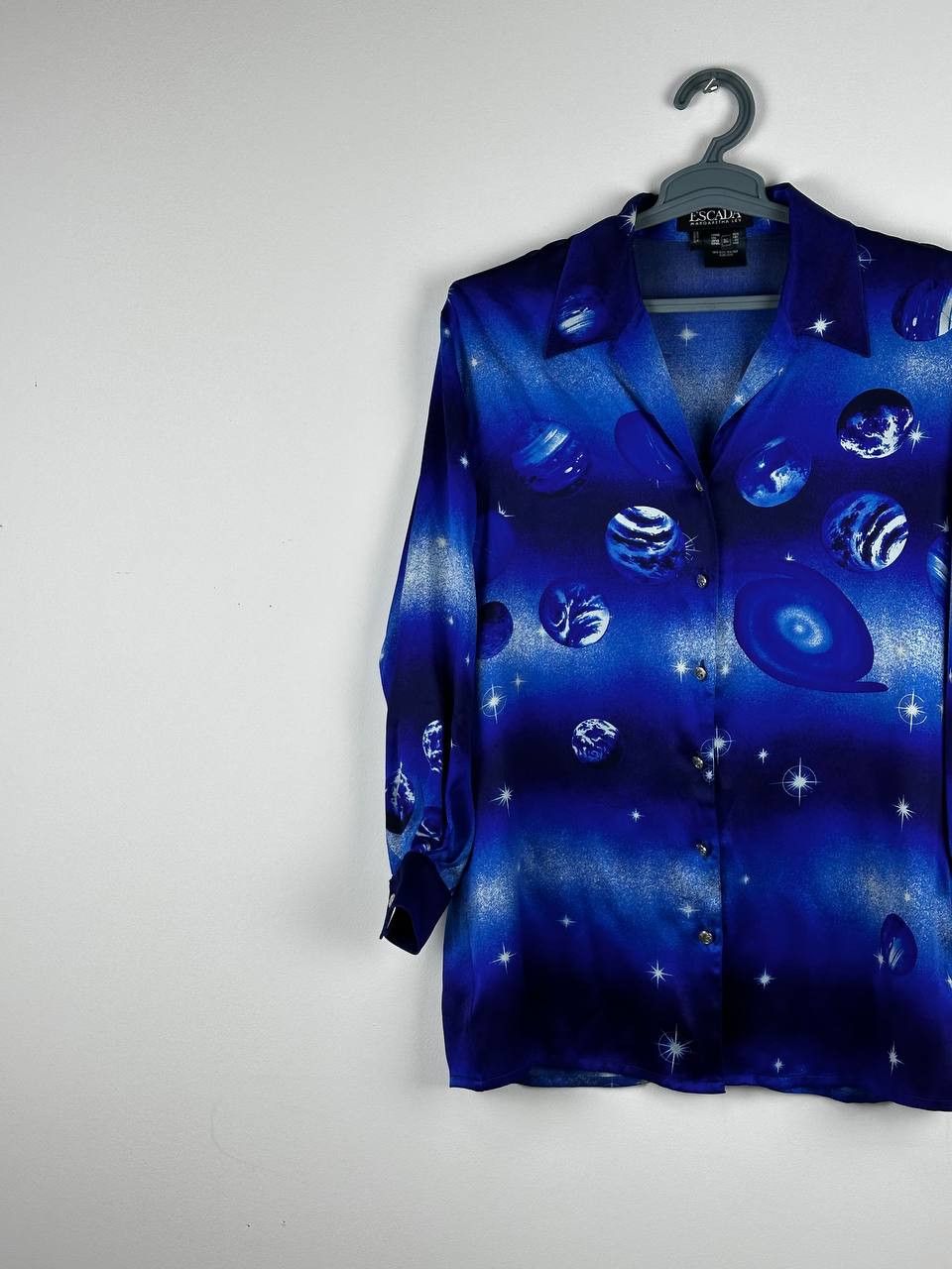 Escada × Vintage 90s Escada Margaretha Ley Blue Space Abstract Silk Blouse Size XS / US 0-2 / IT 36-38 - 2 Thumbnail