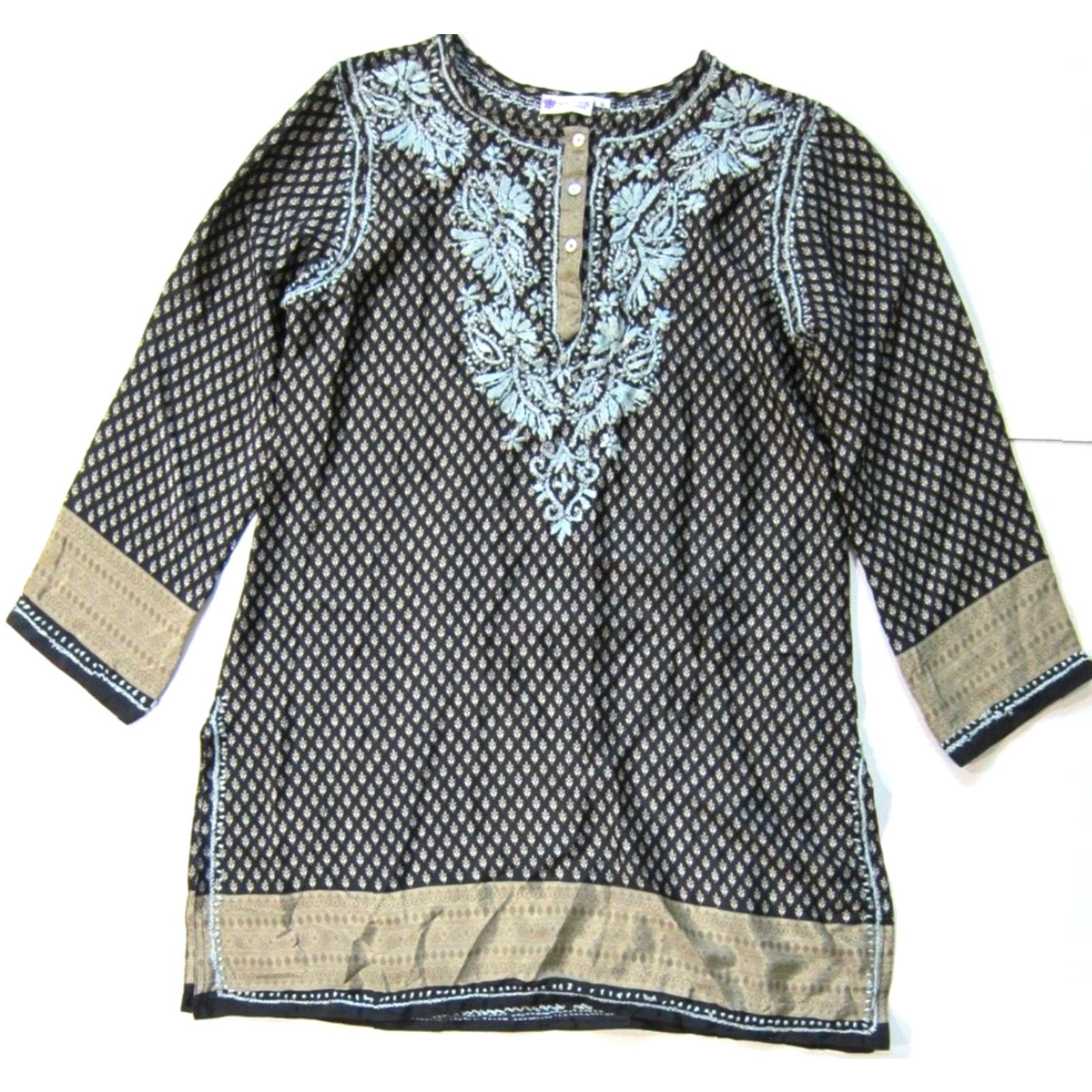 Vintage Sevya Silk Black Blouse S Women's Shirt Blouse Long Sleeve Embroidered Floral Tunic Kurta Black S Womens Size S / US 4 / IT 40 - 2 Thumbnail