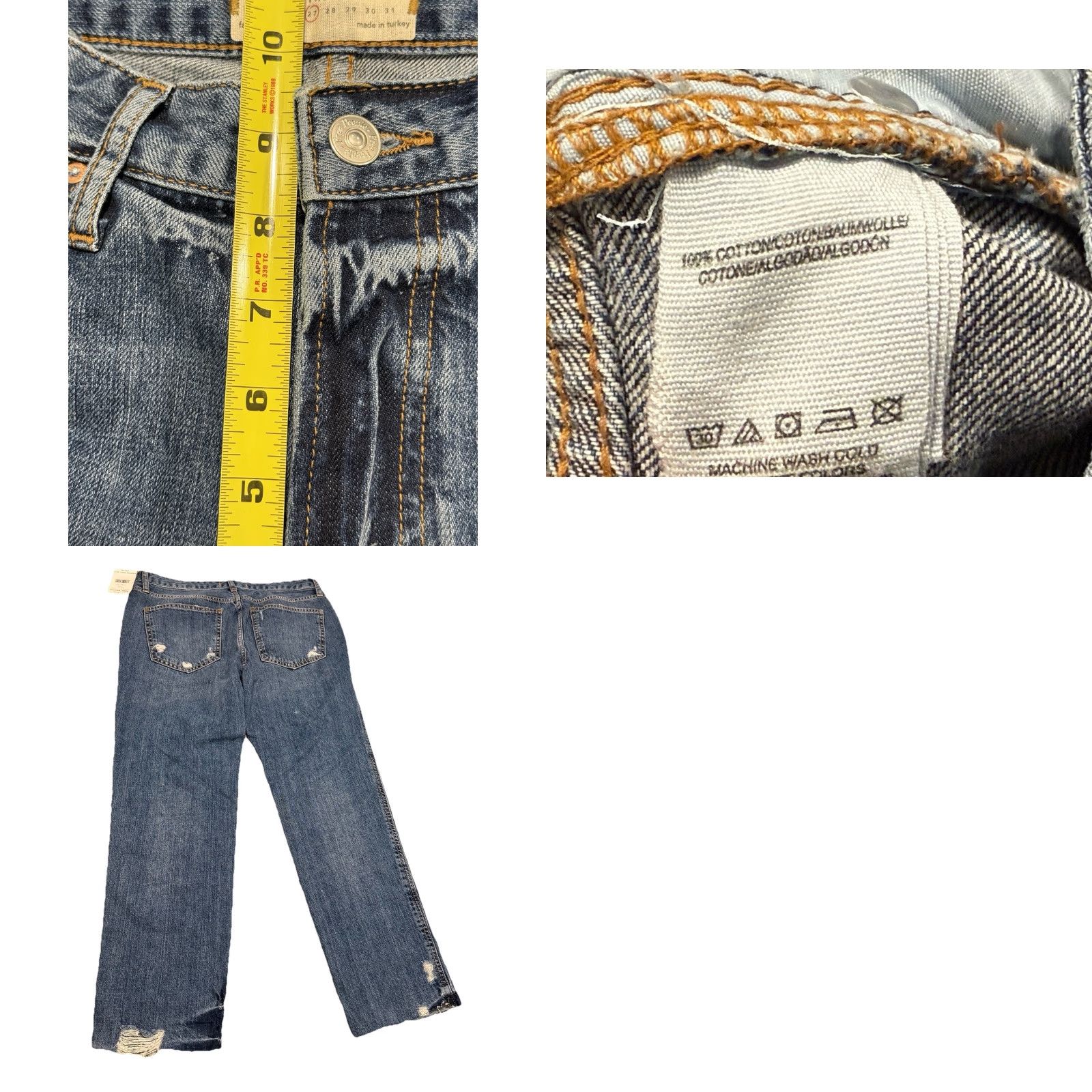 Free People We The Free Slim Boyfriend Distressed Raw Hem Jeans 27 Blue 100% Cotton Womens Regular Jeans 26.5 Inseam Size 27" / US 4 / IT 40 - 8 Thumbnail