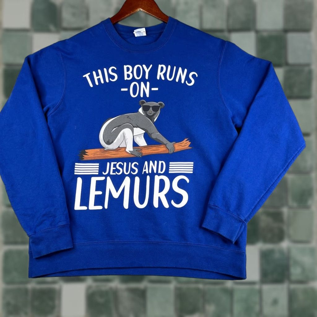 Port & Company Religious Sweatshirt This Boy Runs On Jesus And Lemurs Graphic Print Large Size US L / EU 52-54 / 3 - 1 Thumbnail