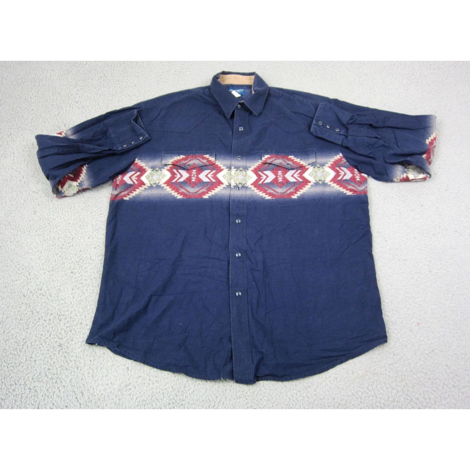 Wrangler VINTAGE Wrangler Shirt Mens XL Blue Aztec Snap Brushpopper 90s Western Button-Up Long Sleeve Collared Cotton Blue 90s Mens Size US XL / EU 56 / 4 - 2 Thumbnail