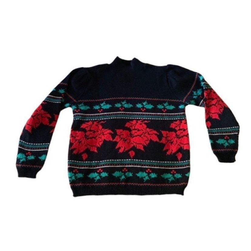 Other Vintage Christmas Poinsettia Knit Holiday Sweater Black M Size M / US 6-8 / IT 42-44 - 2 Thumbnail