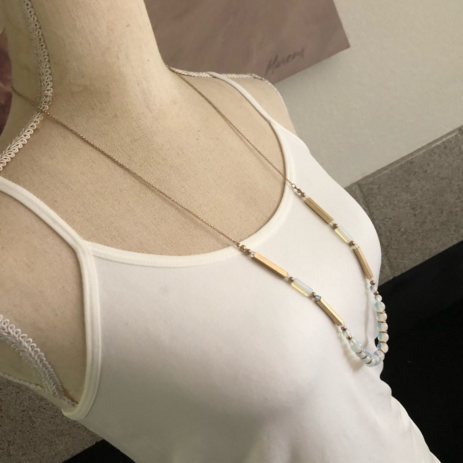 Jewelry Elegant opalescent bead gold bar long length necklace Size ONE SIZE - 2 Thumbnail