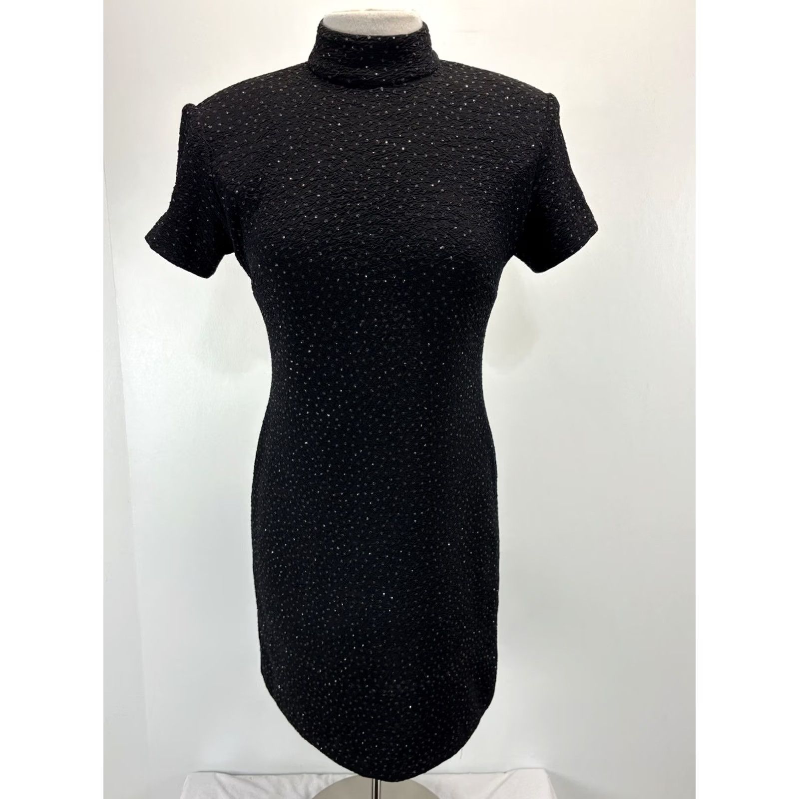 Vintage VINTAGE Jessica Howard 2 Pc Dress Set Jacket Dress Women's 8P Petite Black Sparkle Mock Neck Bow 90s Wedding Party Cocktail Formal Short Sleeve Size M / US 6-8 / IT 42-44 - 6 Thumbnail