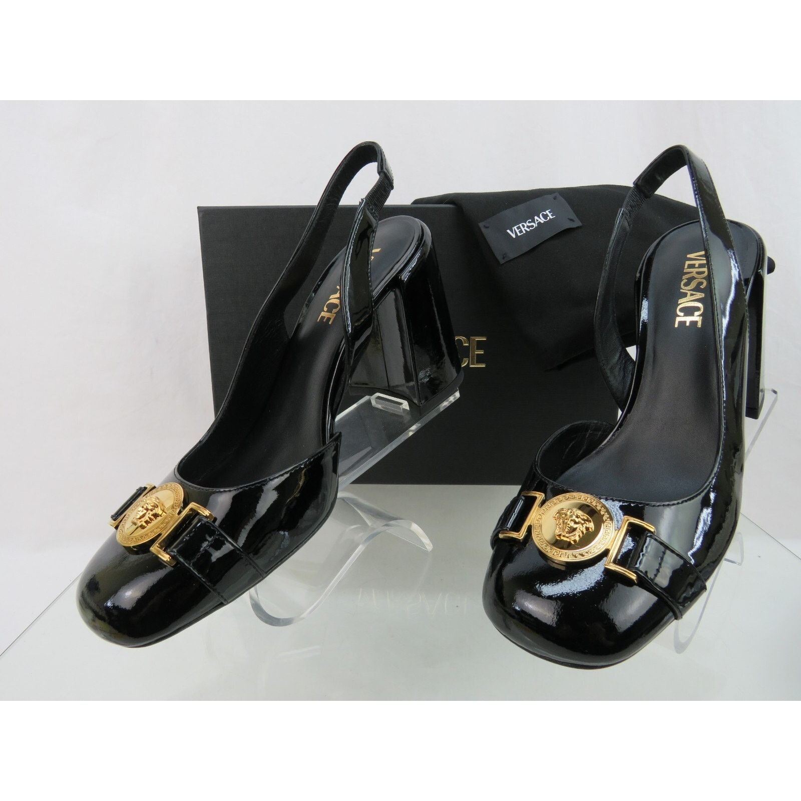 VERSACE BLACK PATENT LEATHER GOLD MEDUSA SANDALS PUMPS 40 10