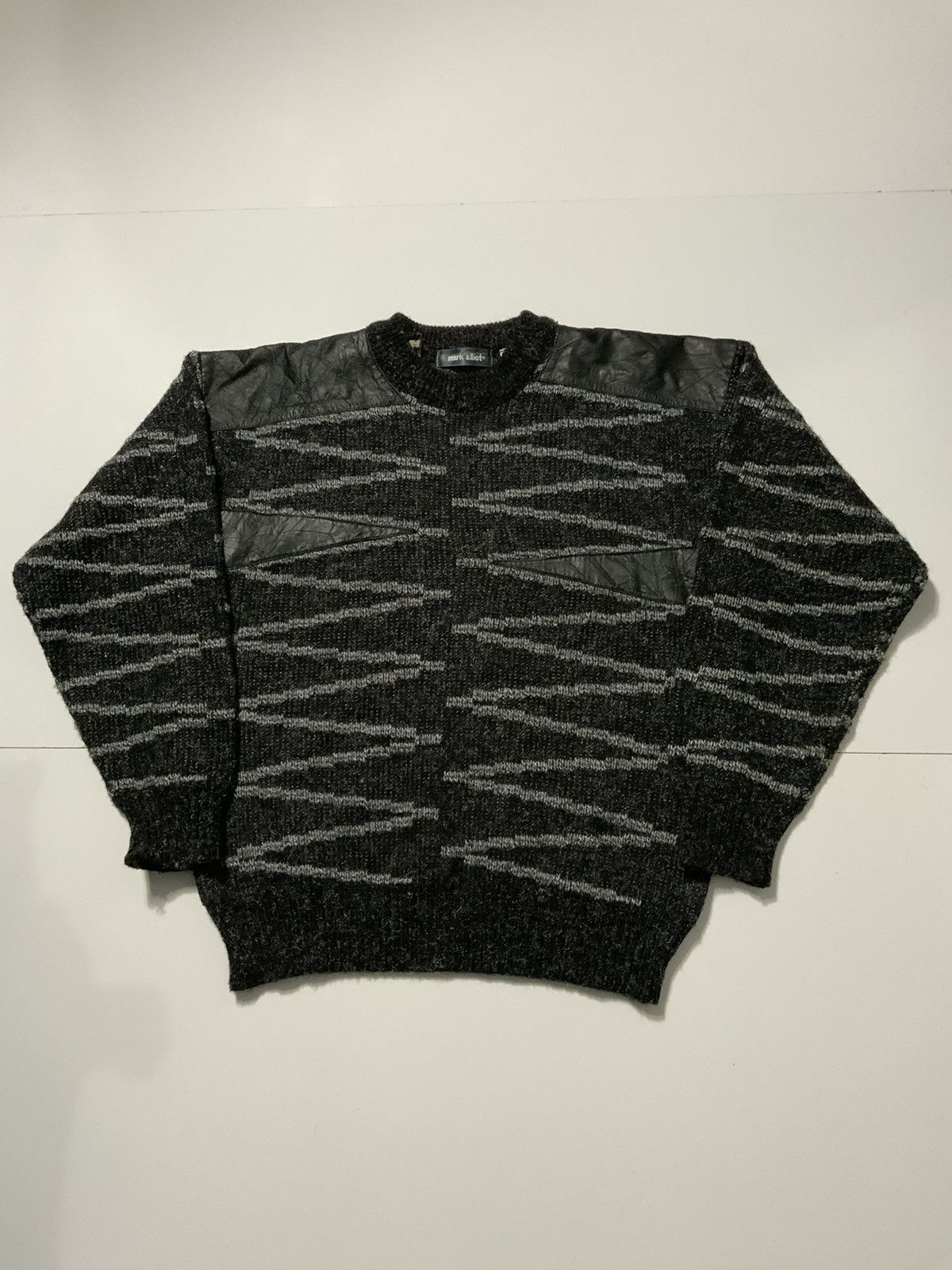 Vintage 80s Mark Elliot Wool Leather Trim Knit Crewneck Sweater Size US M / EU 48-50 / 2 - 1 Thumbnail