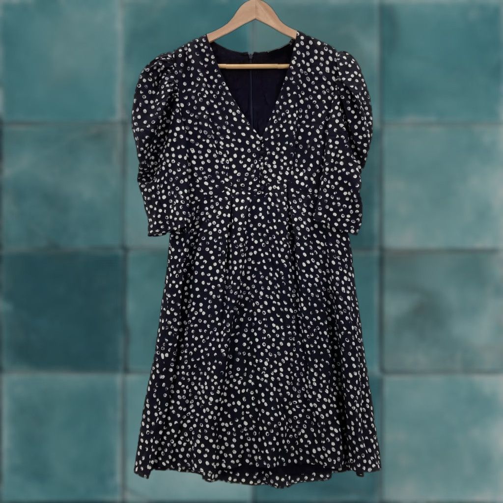 The Kooples VINTAGE? No. The Kooples Dress Womens 3 Navy Polka Dot Silk V-Neck Puff Sleeve A-Line 10 US Size L / US 10 / IT 46 - 1 Thumbnail