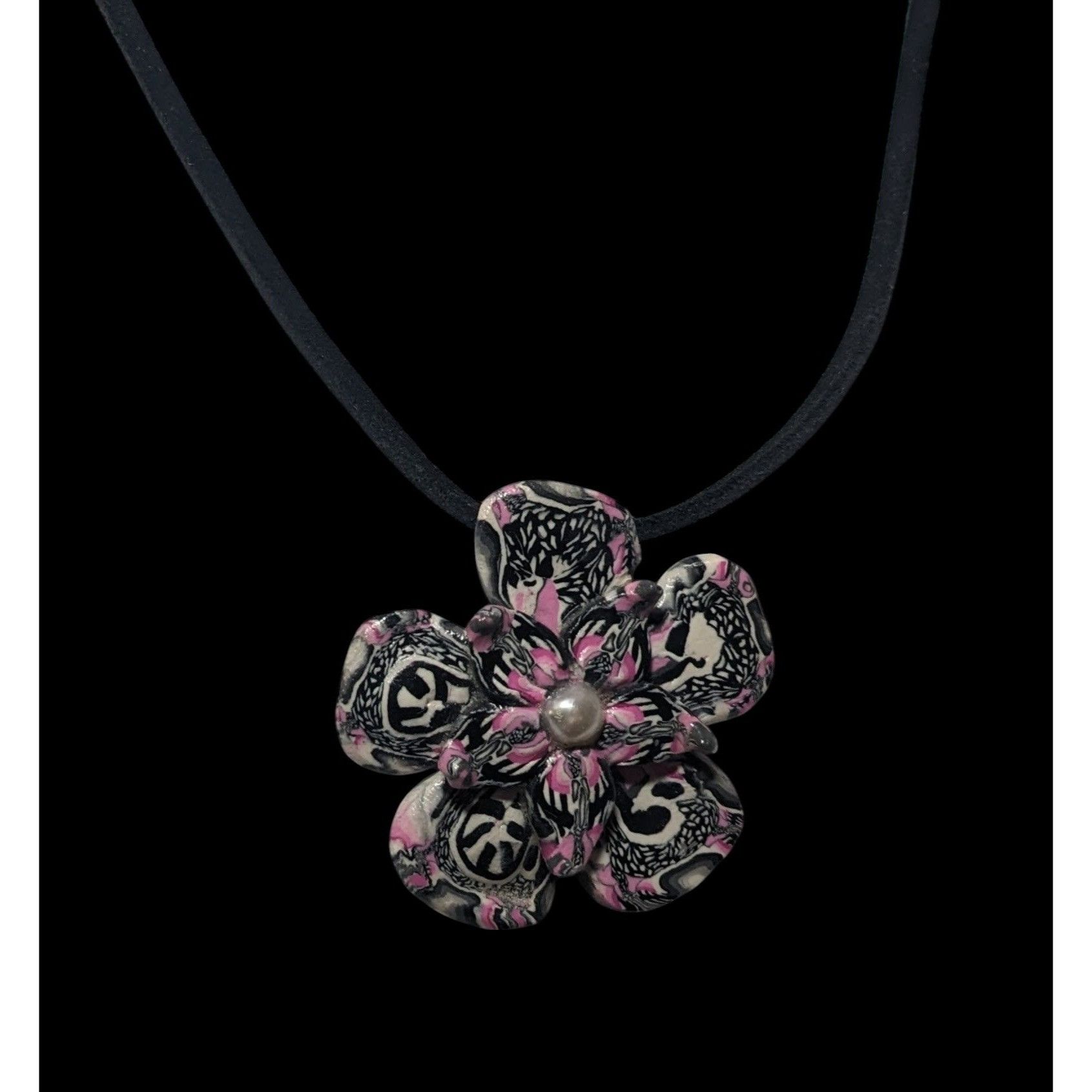 Other Handmade Pink White And Black Polymer Clay Floral Pendant Ne Size ONE SIZE - 7 Thumbnail