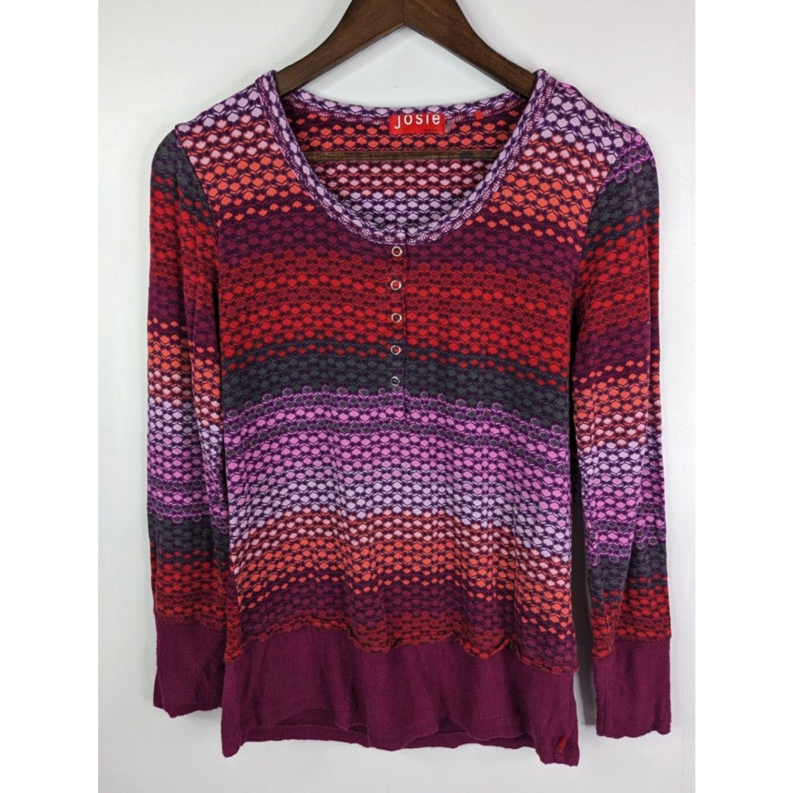 Vintage Josie Natori Pajama Top Womens Small Red Purple Rayon Henley Long Sleeve Size S / US 4 / IT 40 - 2 Thumbnail