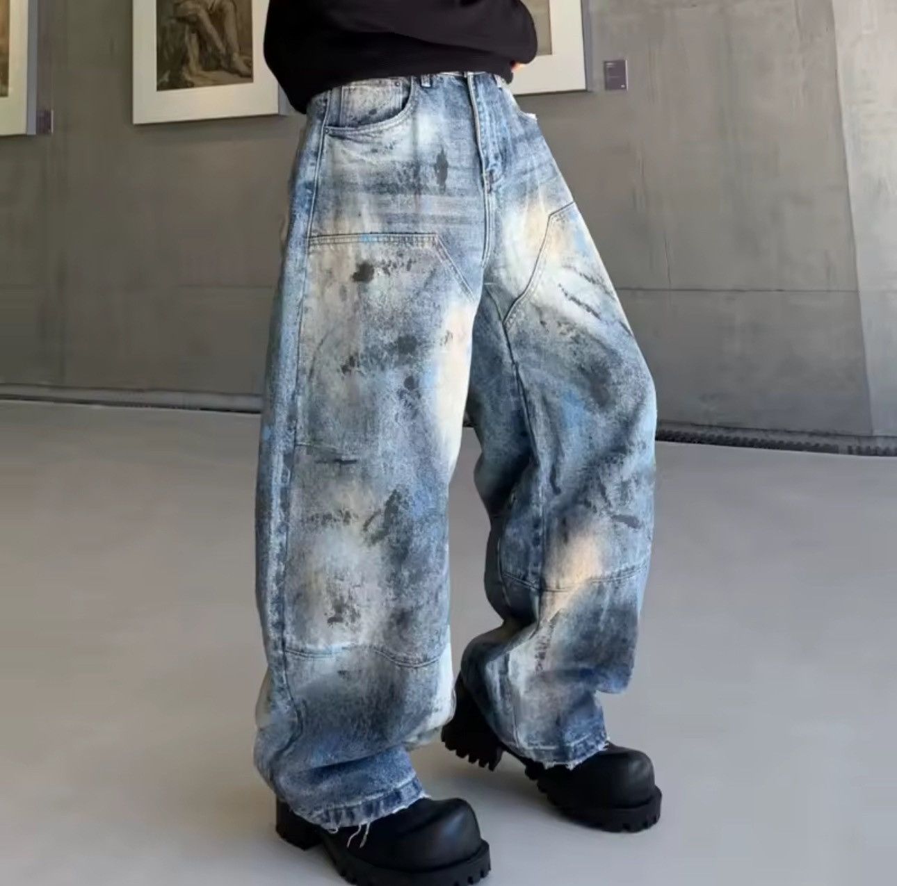 Jean Trendy Baggy Printed Streetwear Straight Washed Jeans Size US 32 / EU 48 - 4 Thumbnail