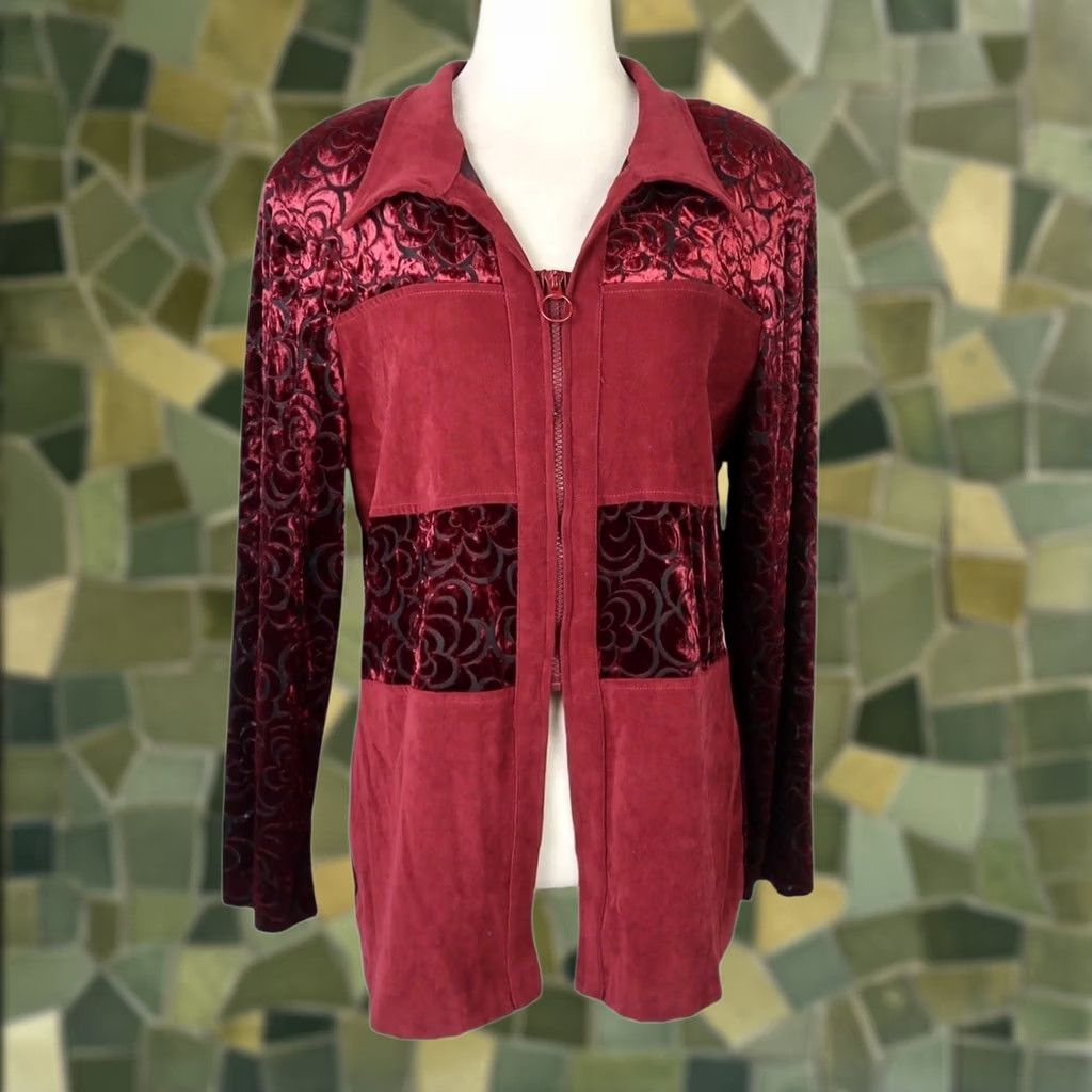 Velvet VINTAGE Burgundy Red Floral Velvet Faux Suede Blouse Top XL Womens 90s Size XL / US 12-14 / IT 48-50 - 1 Thumbnail