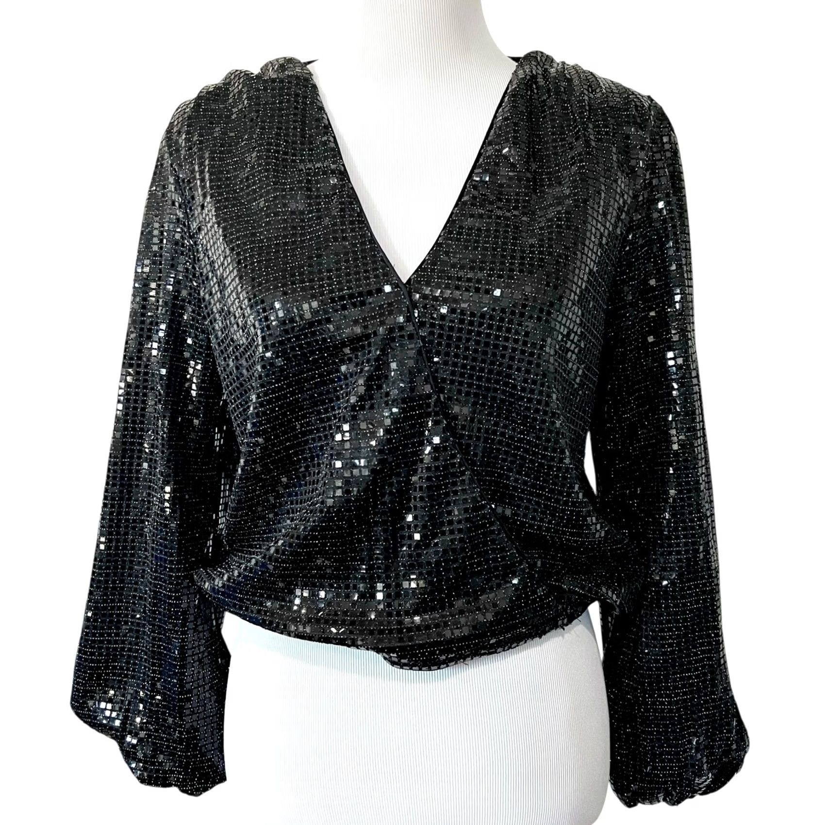 Vintage Womens Black Sequin Top Wrap Style V-Neck Long Balloon Sleeves Party Glam Sz M Size M / US 6-8 / IT 42-44 - 2 Thumbnail