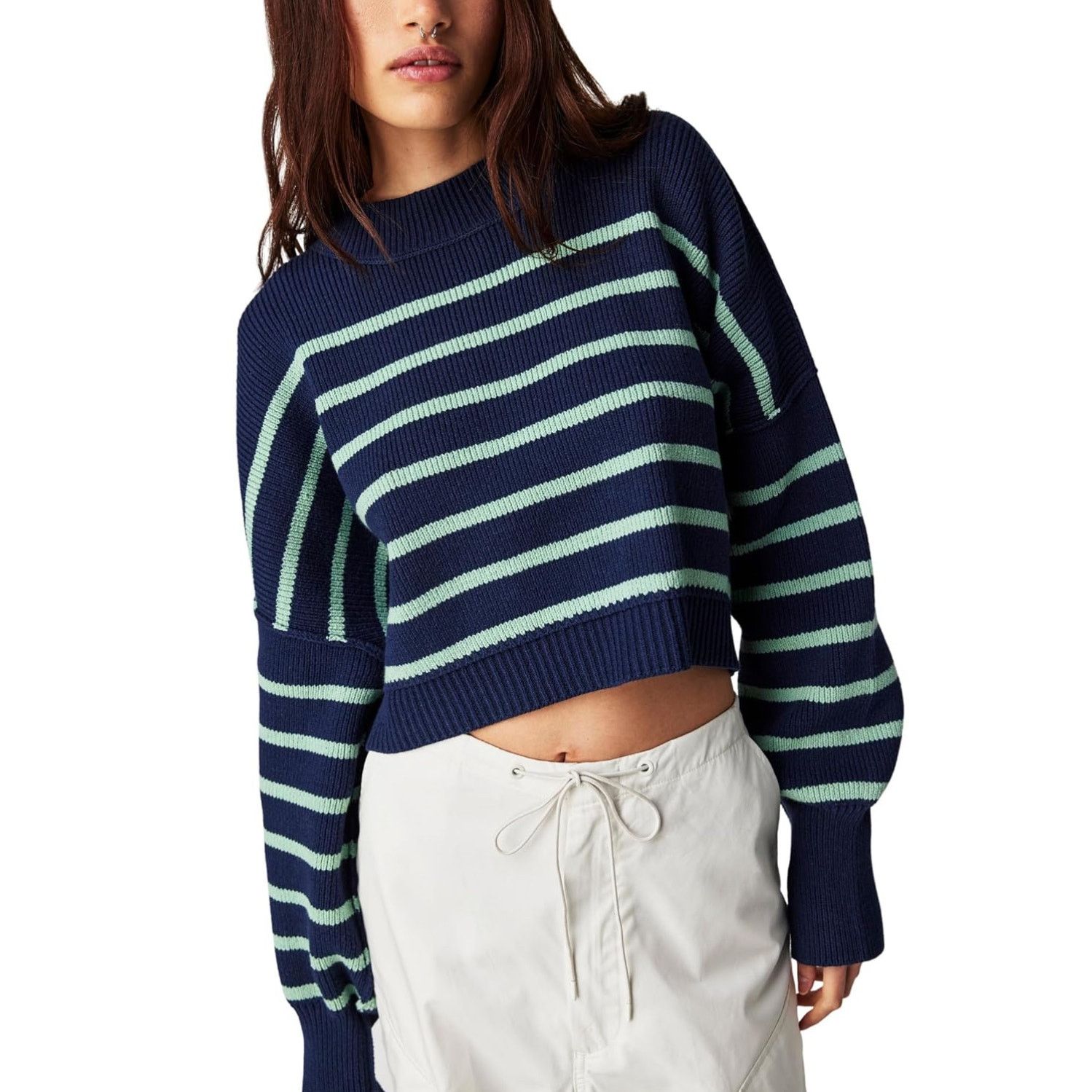 Free People New Free People Navy Stripe Easy Street Crop Sweater Size XS Size XS / US 0-2 / IT 36-38 - 1 Thumbnail