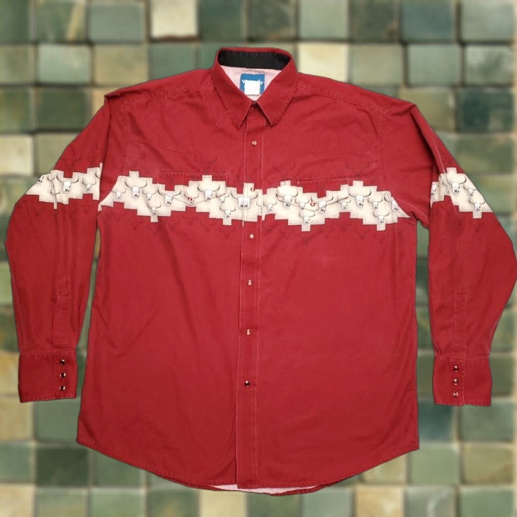 Wrangler VINTAGE Wrangler Shirt Mens XL Red Steer Skull Pearl Snap Western Cowboy Ranch Size US XL / EU 56 / 4 - 1 Thumbnail