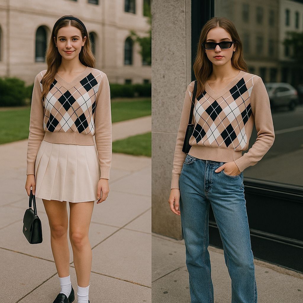 Shein Argyle V-Neck Sweater SHEIN Womens Beige & Black Knitted 8 L Size M / US 6-8 / IT 42-44 - 1 Thumbnail