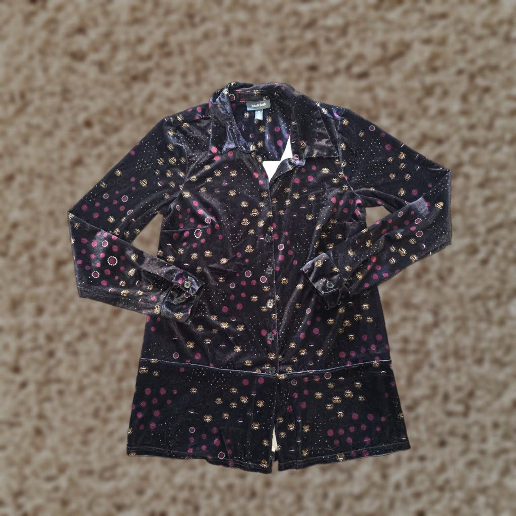 Vintage ModCloth Top Womens Size M Black Yellow Floral Velour Button Front Casual Shirt Size M / US 6-8 / IT 42-44 - 1 Thumbnail