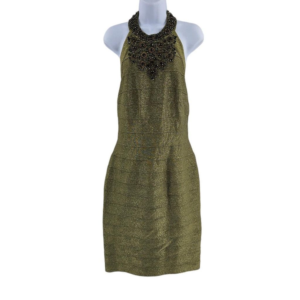 The Unbranded Brand Carmen Marc Valvo Olive Halter Neck Jeweled Bandage Dress Size M / US 6-8 / IT 42-44 - 4 Thumbnail