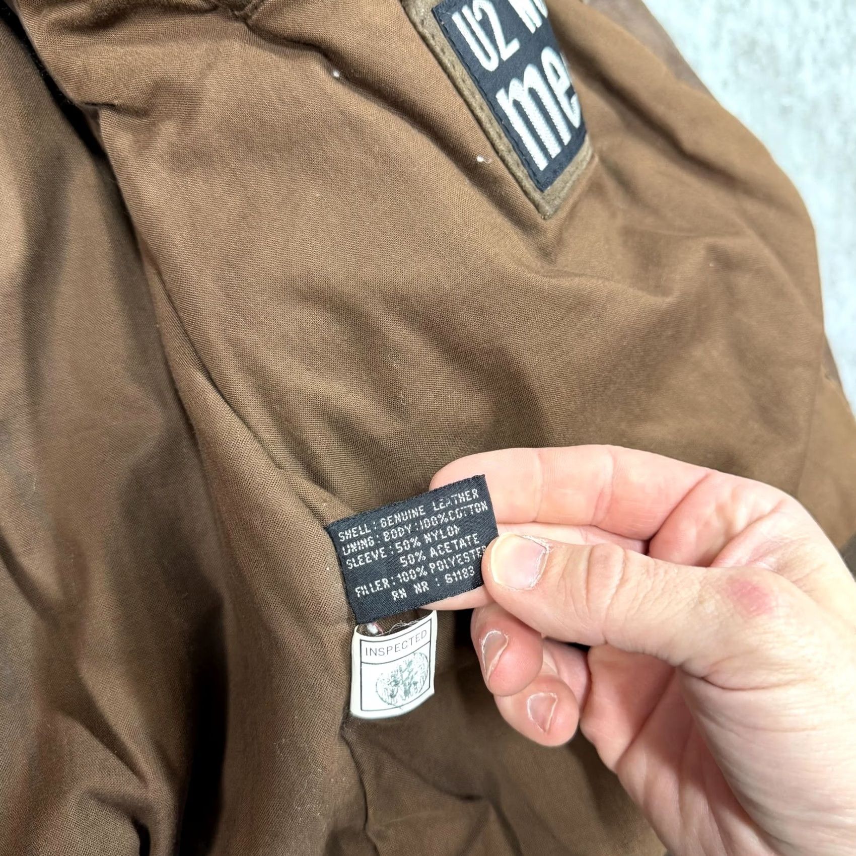 Vintage U2 Wear Me Out Jacket Mens Big 1X Brown Leather Bomber Flight Lined Air Force Military Style Zip Pockets Size US XL / EU 56 / 4 - 6 Thumbnail