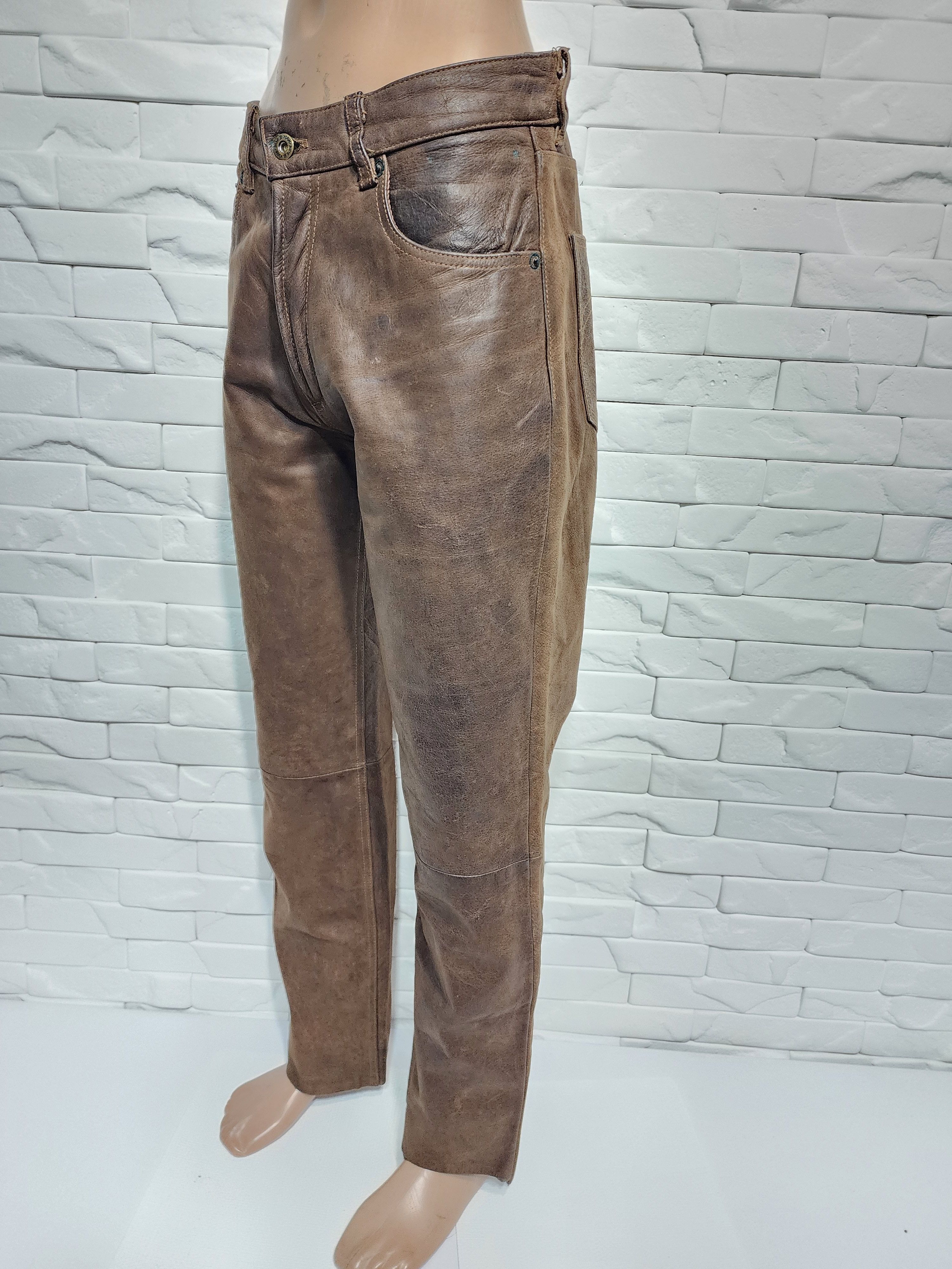Genuine Leather Brown Nubuck Leather Pants - Denim Cut - Men's Size 29 Size US 29 - 2 Thumbnail