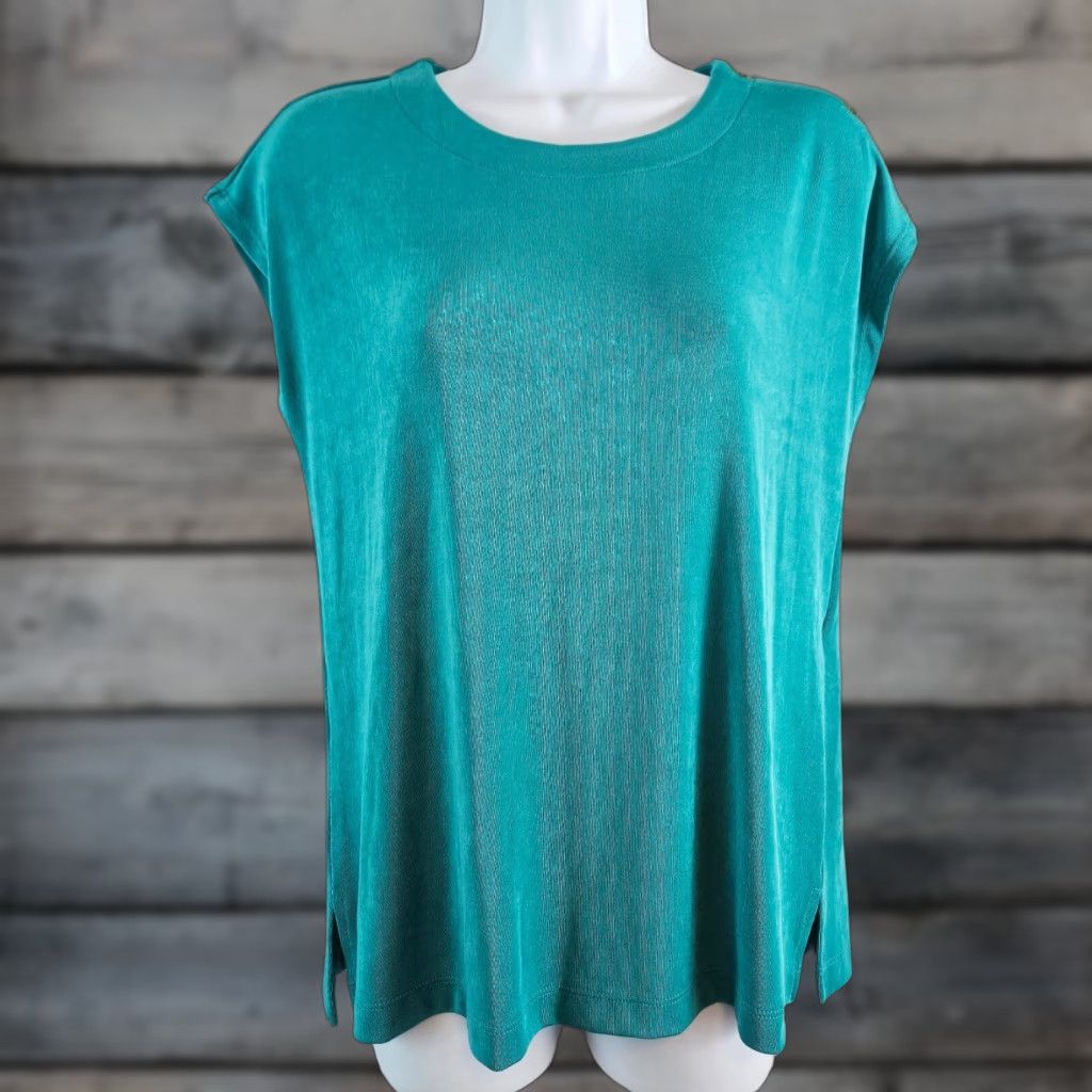 Vintage Chico's Top Shirt Womens Medium Teal Short Sleeve Button Detail Slinky Size M / US 6-8 / IT 42-44 - 1 Thumbnail