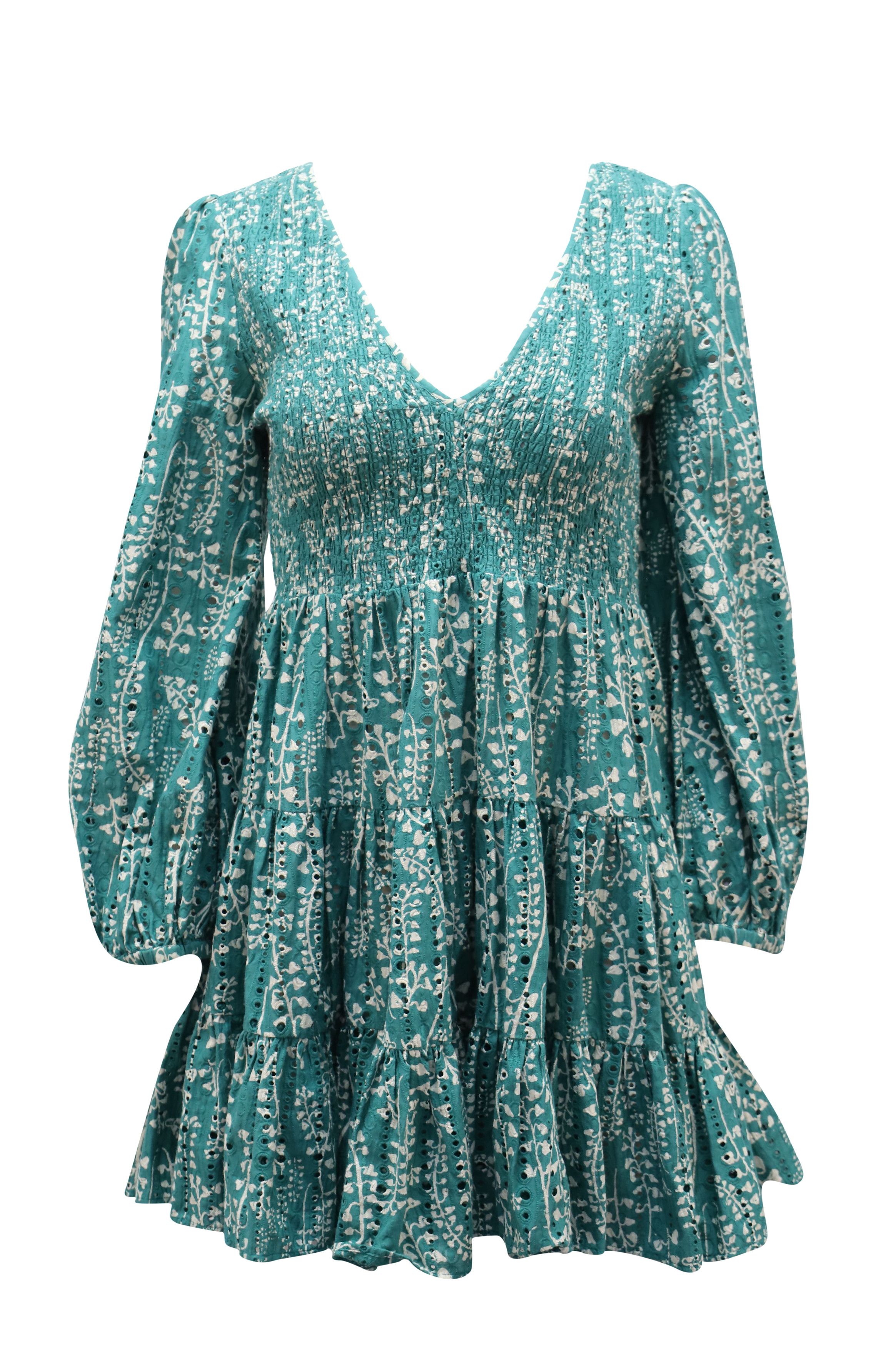 RIXO Rixo Sasha Long Sleeve Mini Dress in Green Cotton Size S / US 4 / IT 40 - 1 Thumbnail