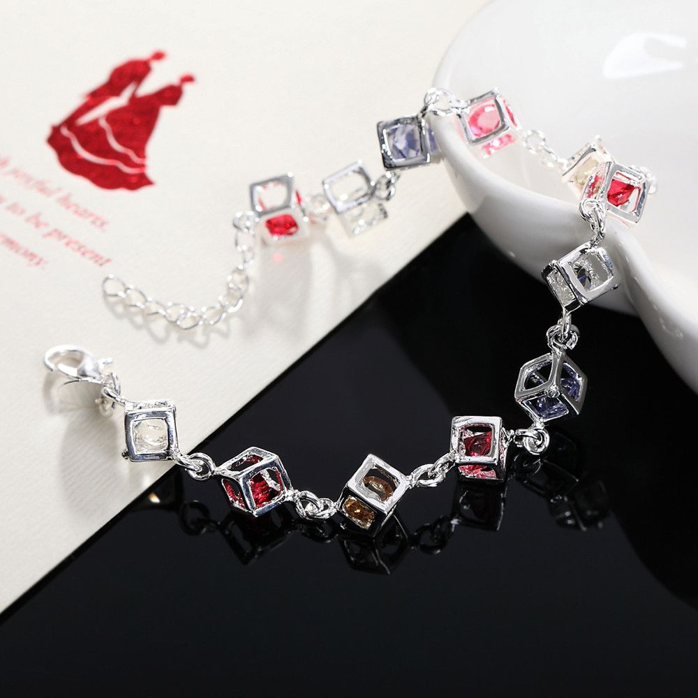 Jewelry Colorful Crystal Beads 925 Silver Chain Bracelet Size ONE SIZE - 4 Thumbnail