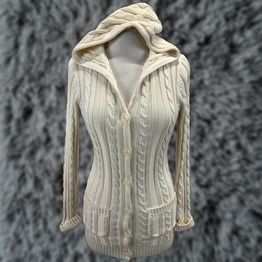 Vineyard Vines Vineyard Vines Cardigan Sweater Women’s S Ivory Hood Fisherman Coast Knit Cable-Knit Hooded Long Sleeve Nautical Preppy Classic Coastal Dress: None Size S / US 4 / IT 40 - 1 Thumbnail