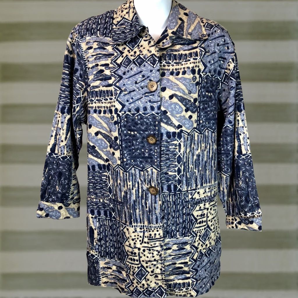 Vintage Rafaella Linen Blouse 8 Blue/beige Longline Long Sleeves Abstract Artsy Boho Size M / US 6-8 / IT 42-44 - 1 Thumbnail