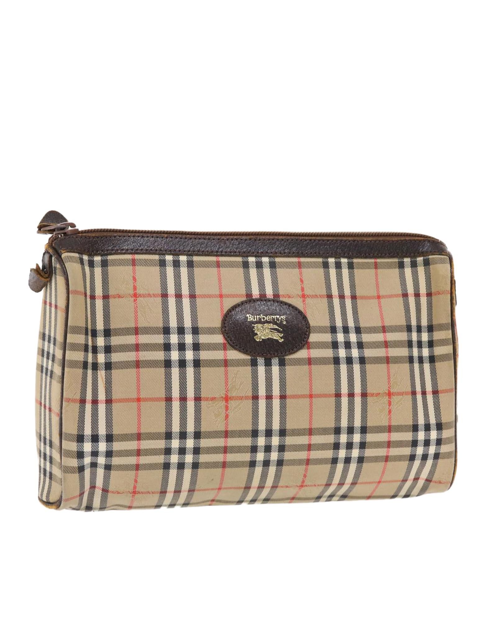 image of Burberry Canvas Leather Clutch Bag With Nova Check Pattern in Beige, Women's