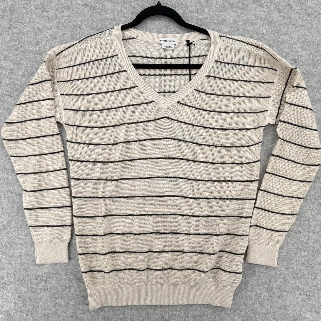 Prana NWT prAna Oatmeal Stripe Milani V-Neck Sweater Size SMALL Size S / US 4 / IT 40 - 1 Thumbnail