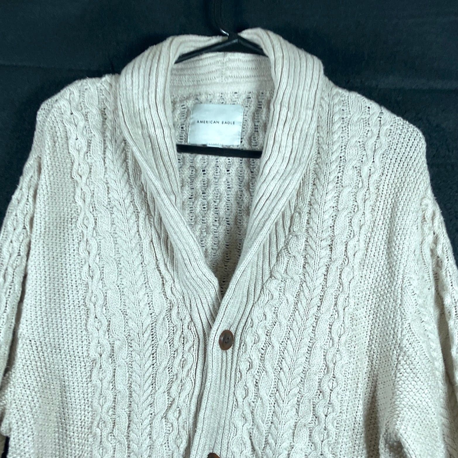 Vintage American Eagle Mens Sweater Cardigan Oatmeal Button Front Shawl Neck Knit Cotton Blend XL Tan Size US XL / EU 56 / 4 - 2 Thumbnail