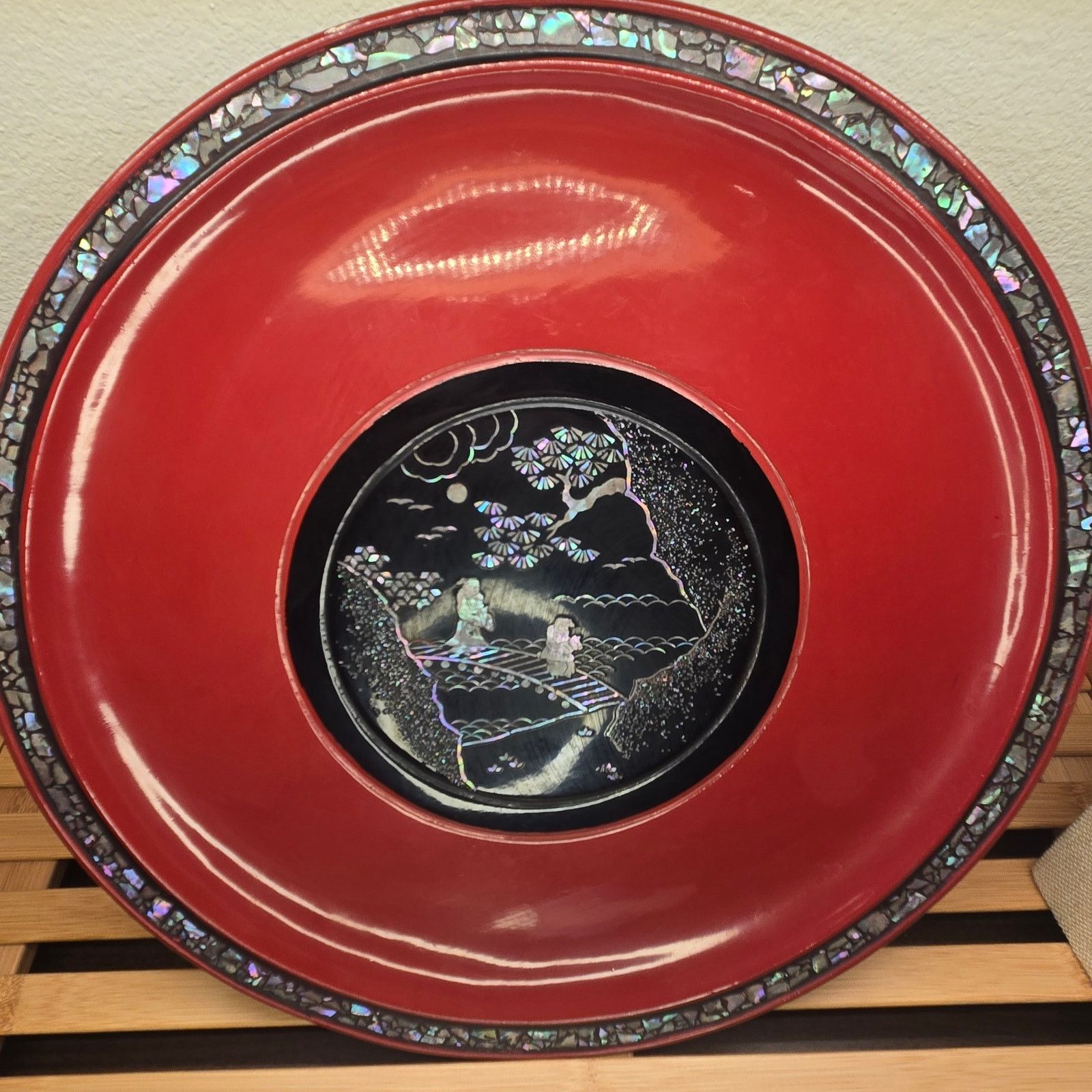 Vintage Antique Japanese Ryukyuan Lacquerware Plate Mother of Pearl Size 26 - 2 Thumbnail