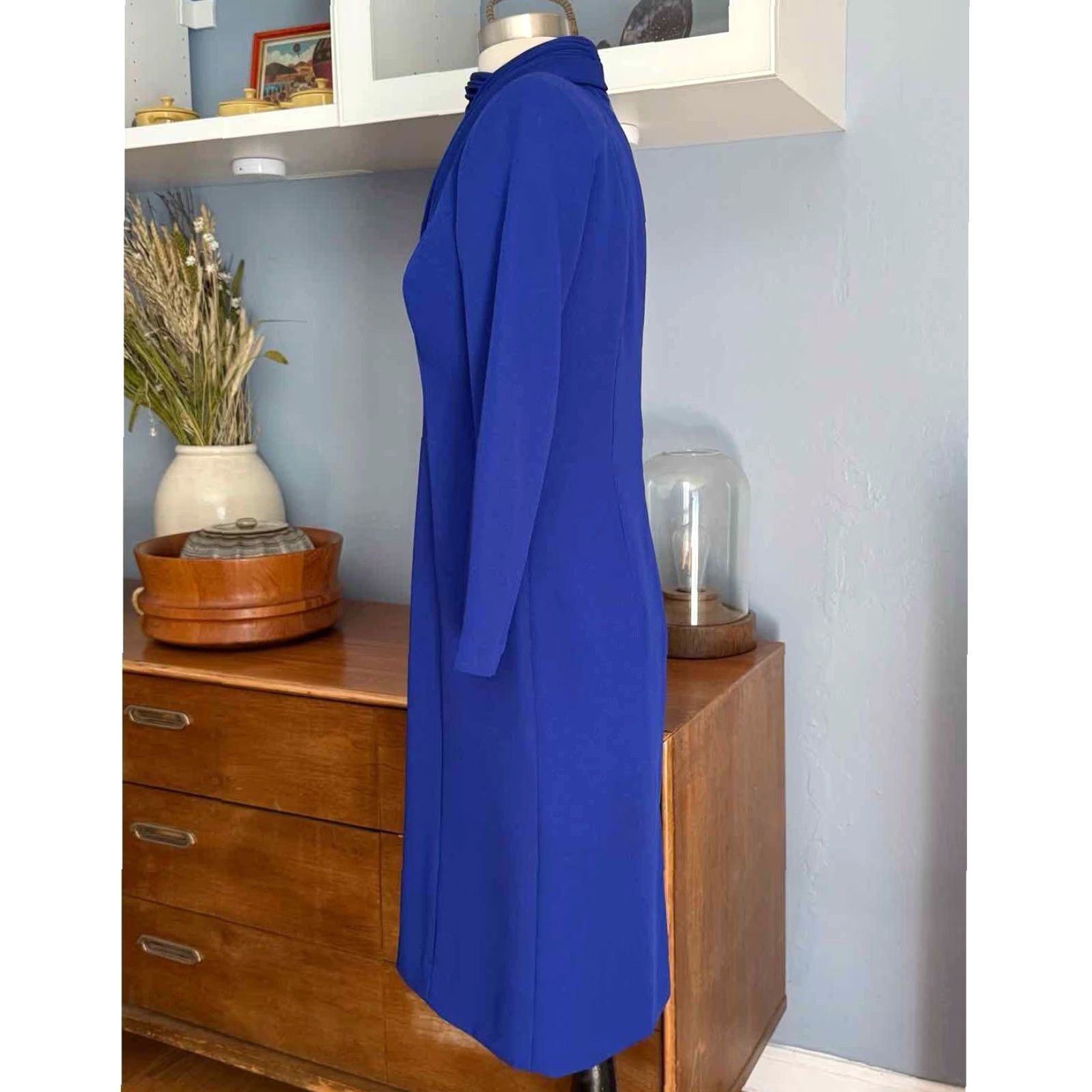 Vintage VINTAGE David Warren Drape Sheath Dress Blue 80s 90s 4P Petite Women Long Sleeve V-Neck Zip Size S / US 4 / IT 40 - 5 Thumbnail