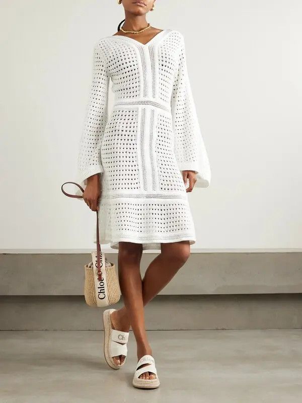 Chloe o1loc1c10425 Pointelle-Knit Mini Dress in Vanilla Size S / US 4 / IT 40 - 2 Thumbnail