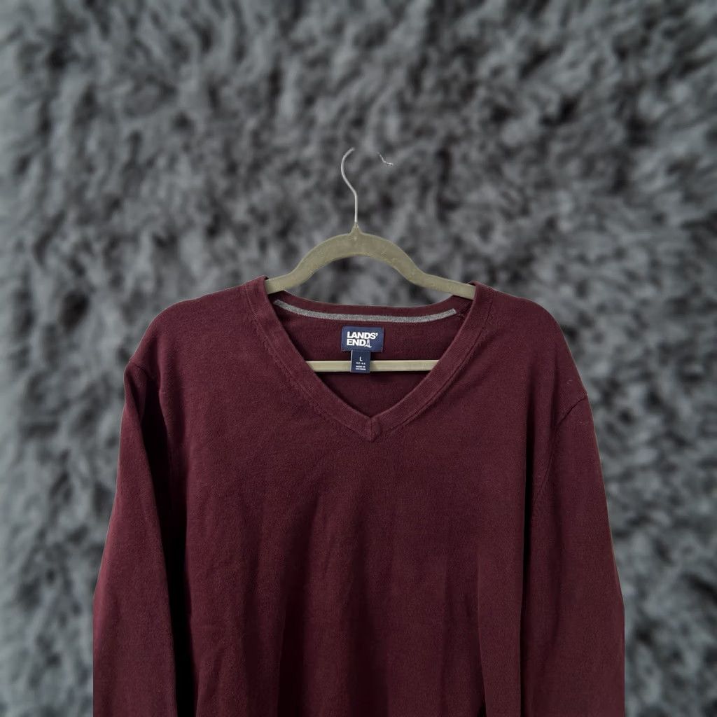 Lands' End Lands' End Mens Sweater Pullover V-Neck 100% Cotton Burgundy Maroon L Large Knit Long Sleeve Classic Modern Size US L / EU 52-54 / 3 - 1 Thumbnail