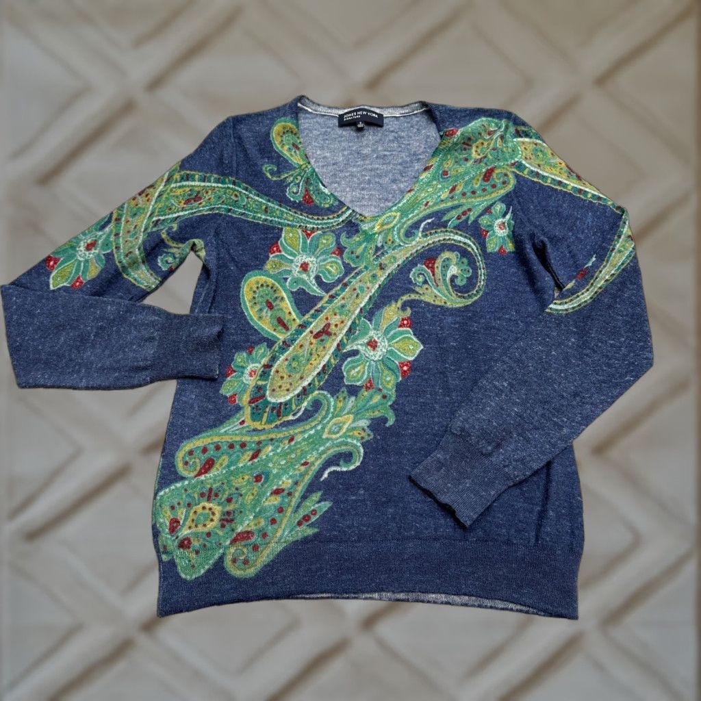 Jones New York Jones New York Wool Pullover Sweater Women S Blue Paisley V-Neck Lightweight Size S / US 4 / IT 40 - 1 Thumbnail