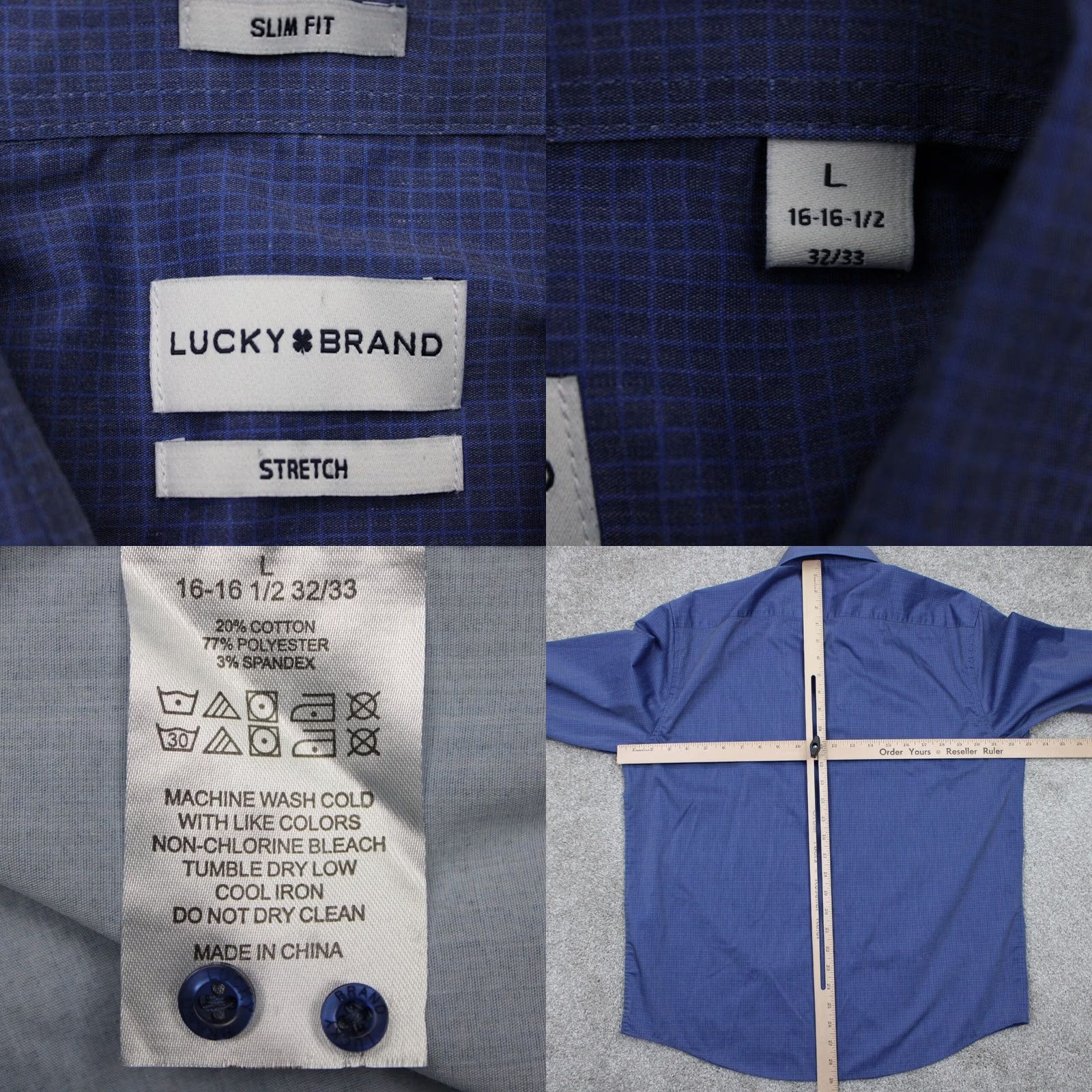 Lucky Brand Lucky Brand Slim Fit Button-Up Shirt Men Large Blue Cotton/Poly Stretch L/S Geometric Pattern Shirt Size US L / EU 52-54 / 3 - 8 Thumbnail
