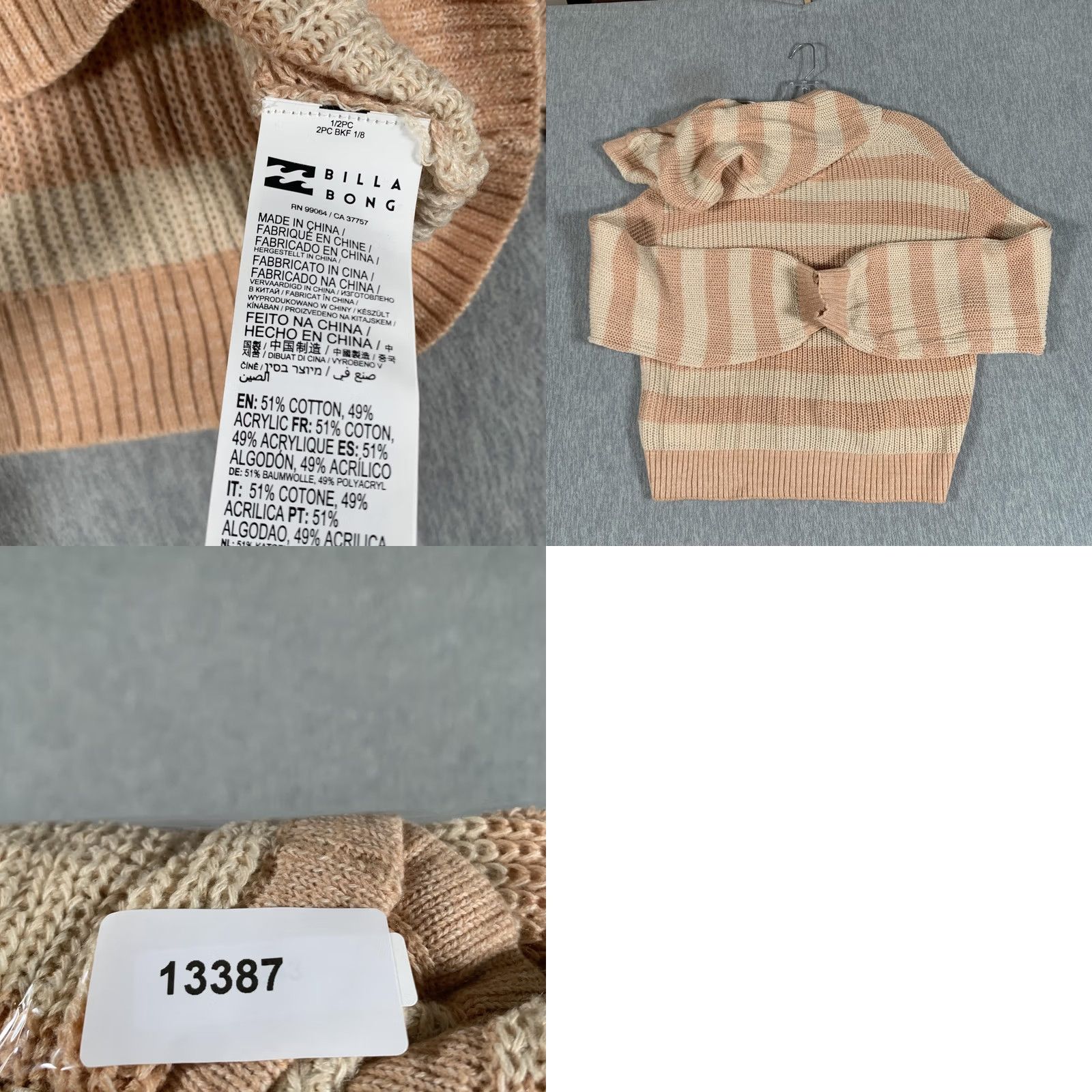 Billabong Billabong Sweater Womens Medium Beige Striped Hooded V-Neck Pullover Casual Size M / US 6-8 / IT 42-44 - 8 Thumbnail