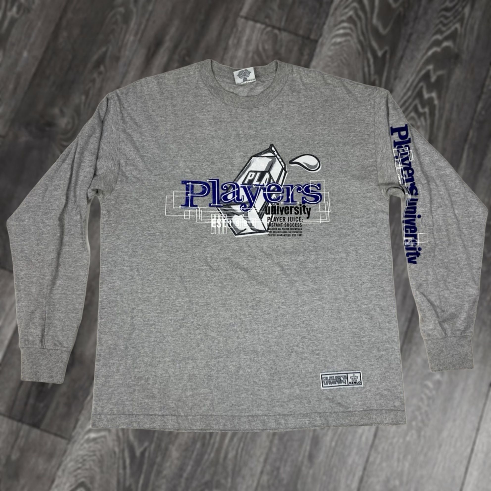 Vintage VINTAGE Players University T-Shirt Men XL Gray USA 90s Graphic Print Crew Neck Long Sleeve Hip Hop All Seasons Size US XL / EU 56 / 4 - 1 Thumbnail