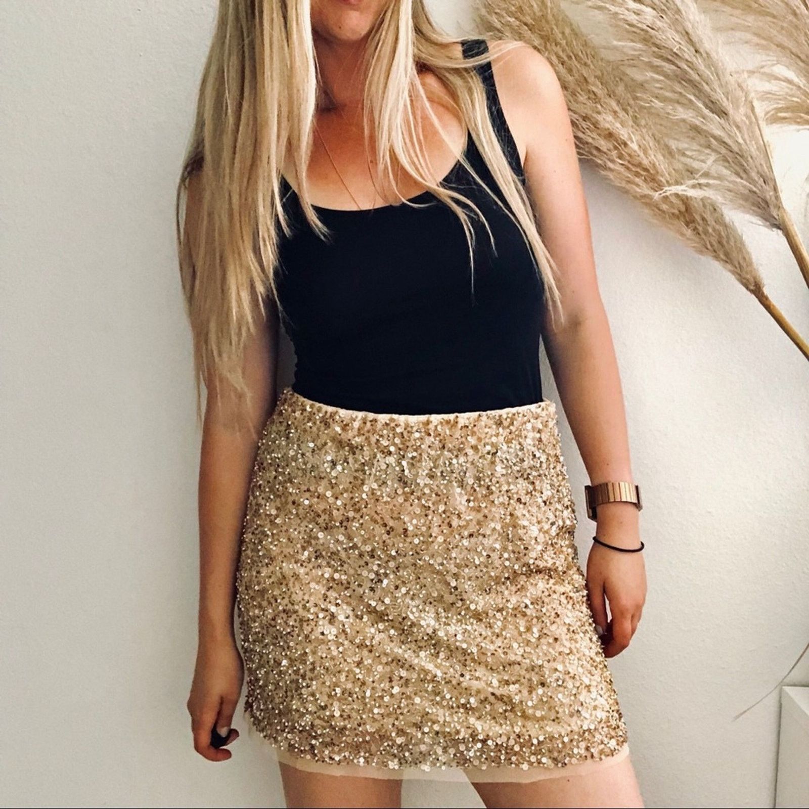 ZARA Gold Tan Cream Sequin Sparkle Beaded Mesh Mini Skirt